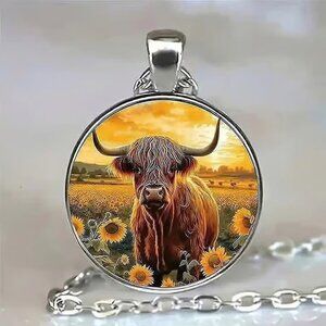 Silver HIGHLAND COW Sunflowers Glass Cabochon Pendant Necklace